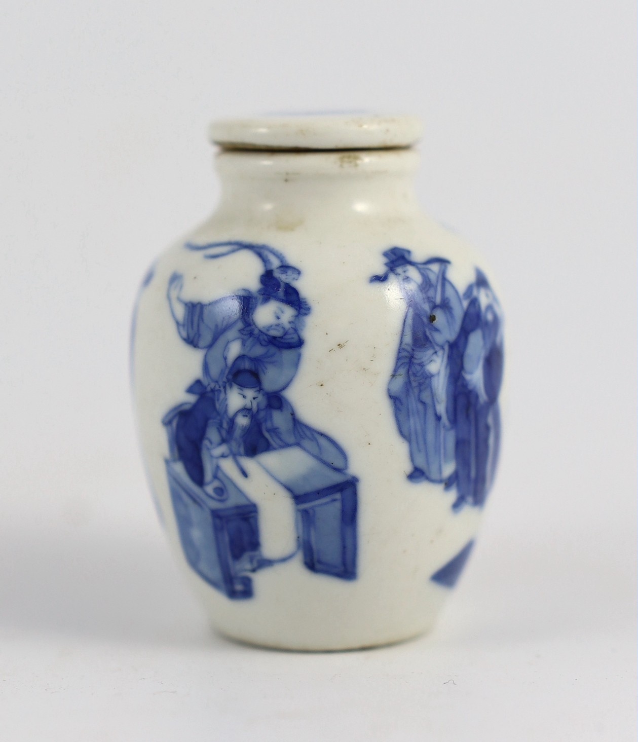 A Chinese blue and white 'scholars' snuff bottle and original stopper, 19th century, 5.8 cm high